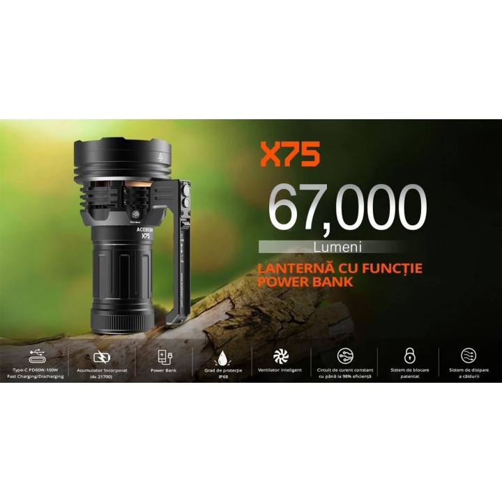 Acebeam X75 XHP70.3 HI 6500K — lanternă 67000 lm | Elanterna
