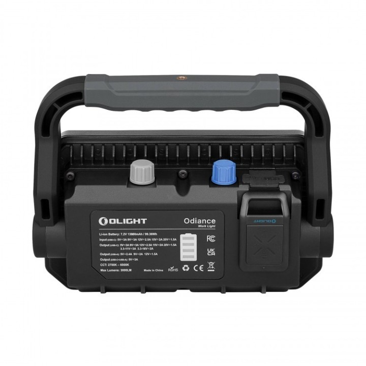Proiector Olight Odiance cu telecomandă și powerbank — comenzi și telecomandă