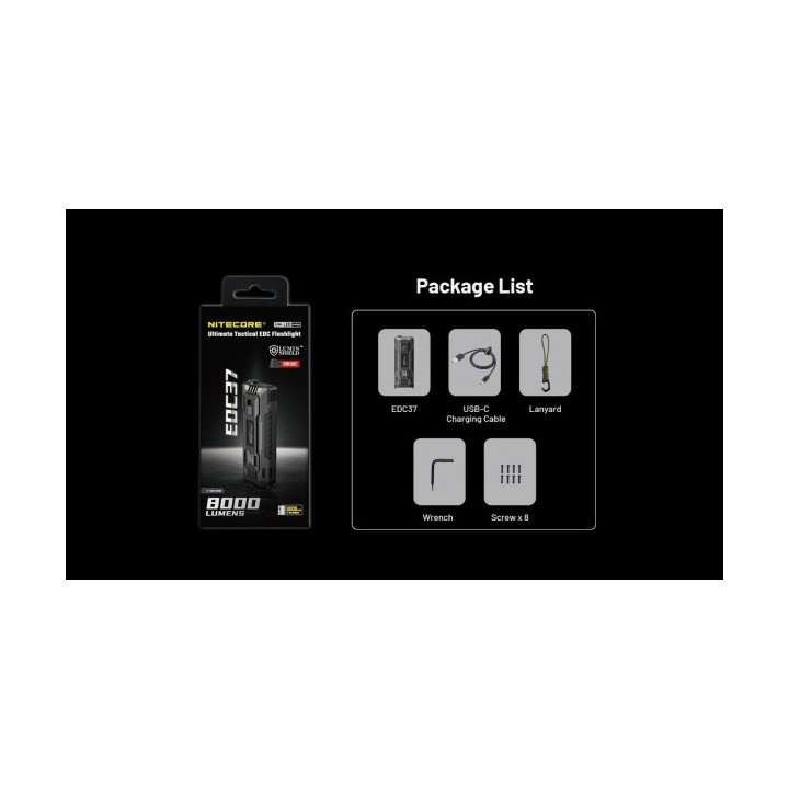 Nitecore EDC37 — lanternă USB-C cu OLED, 8000 lm, 420 m — detaliu și utilizare