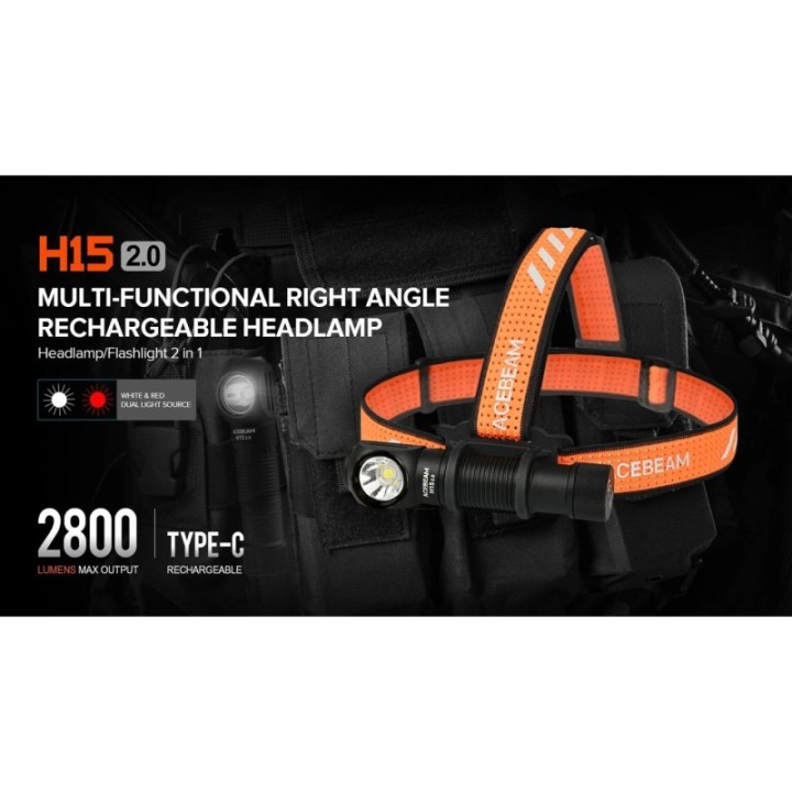 Acebeam H15 2.0 — frontală USB-C, alb și roșu | Elanterna